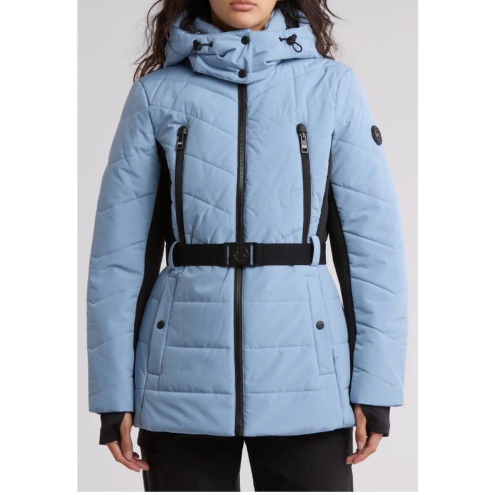 Michael Kors hooded belted chevron quilted puffer jacket chambray blue Small
